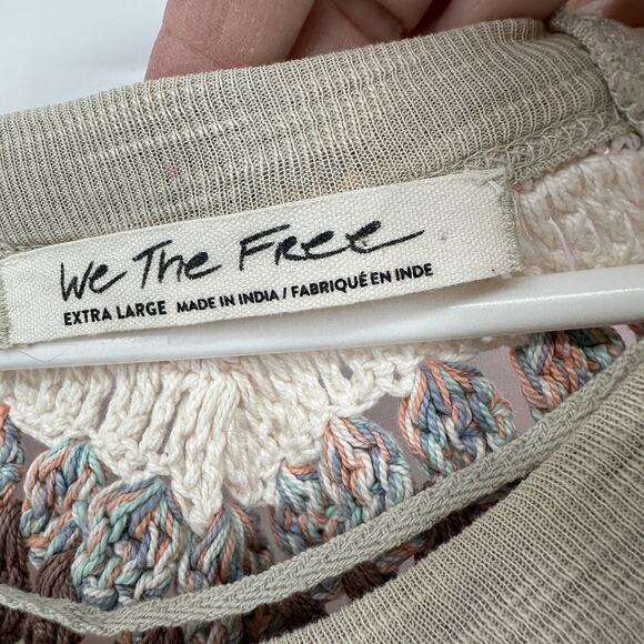 We The Free Shirt Womens XL Tan Coral Crochet Yoke Raglan 3/4 Sleeve Boho Tunic - Picture 7 of 12